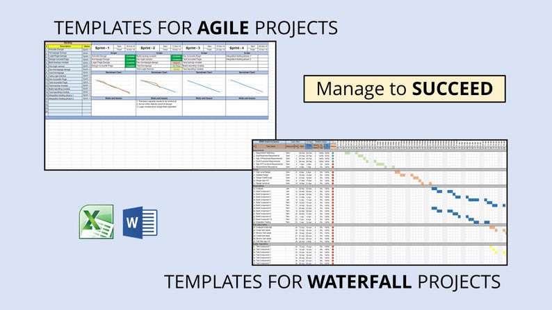 Op de afbeelding: Een digitale afbeelding met projectmanagement sjablonen voor Agile- en Waterfall-projecten. De afbeelding bevat spreadsheet lay-outs, grafieken en de tekst "TEMPLATES FOR AGILE PROJECTS", "Manage to SUCCEED" en "TEMPLATES FOR WATERFALL PROJECTS". Excel- en Word-pictogrammen zijn ook aanwezig.