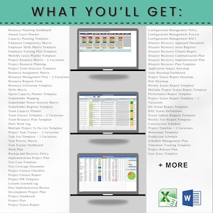 May include: Image showcasing a collection of project management templates displayed on three laptop screens. The text "WHAT YOU'LL GET" is at the top, with a list of templates and software icons at the bottom. The templates include dashboards, plans, and reports.