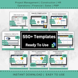 Pode incluir: Imagem promocional com mais de 550 modelos para gestão de projetos, construção, RH, finanças e vendas. Os modelos estão prontos para uso e disponíveis para download imediato. Inclui modelos Excel.
