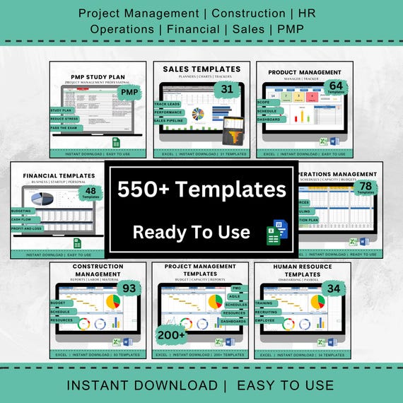 550+ Management Templates, Excel & Word Documents, Project Management, Construction Business, Human Resources, Financial, Sales, PMP