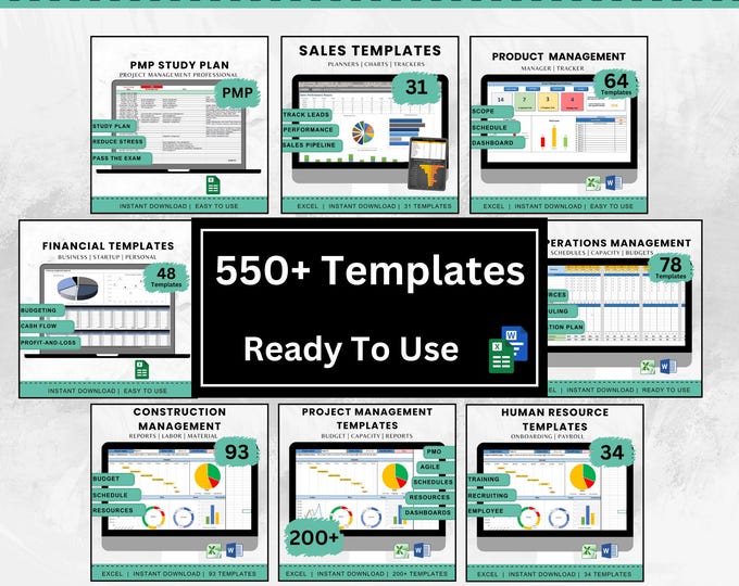 550+ Management Templates, Excel & Word Documents, Project Management, Construction Business, Human Resources, Financial, Sales, PMP