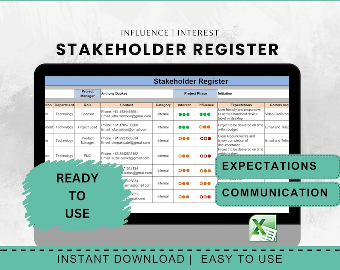 Stakeholder Register Excel Template, Project Management Tool (Digital Download)