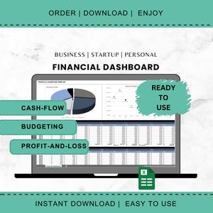May include: A laptop screen displaying a financial dashboard template with charts and data tables. The text includes "Cash-Flow", "Budgeting", and "Profit-and-Loss". Additional text reads "Ready to Use" and "Instant Download | Easy to Use".