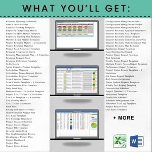May include: Image showcasing a collection of project management templates displayed on three laptop screens. The text "WHAT YOU'LL GET" is at the top, with a list of templates and software icons at the bottom. The templates include dashboards, plans, and reports.