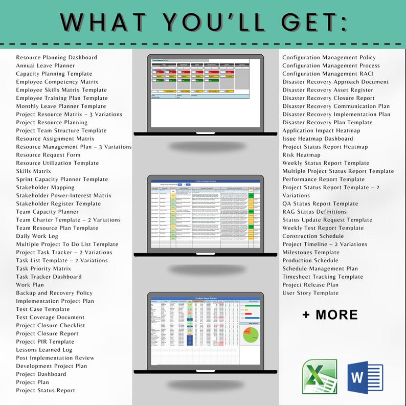 May include: Image showcasing a collection of project management templates displayed on three laptop screens. The text "WHAT YOU'LL GET" is at the top, with a list of templates and software icons at the bottom. The templates include dashboards, plans, and reports.