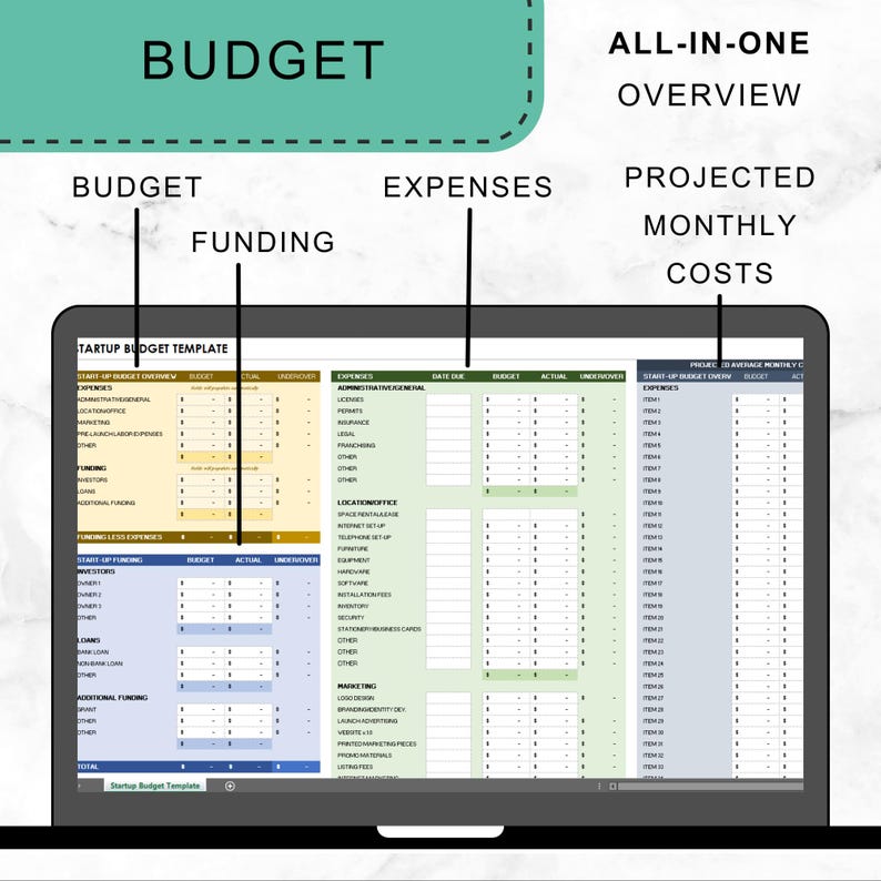 May include: A computer screen displaying a startup budget template with sections for budget, expenses, and projected monthly costs. The template includes categories for startup expenses, funding, administrative expenses, location/office, and marketing.