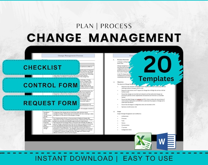 Change Management Template Bundle for Project Management includes Change Management Plan, Change Process, Change Request, Change Log