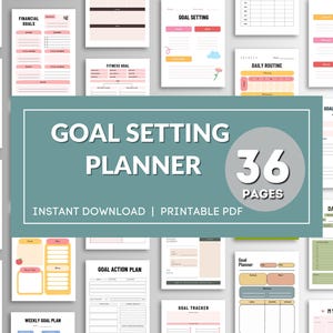 May include: A printable goal setting planner with 36 pages. The planner features a variety of colourful pages with different sections for goal setting, daily routines, and weekly goals. The planner is designed to help you achieve your goals and stay organised.