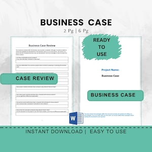 Może przedstawiać: Szablon biznesplanu w zielono-białym schemacie kolorów. Szablon jest gotowy do użycia i zawiera sekcję przeglądu przypadków. Tekst "Biznesplan" jest wyświetlany dużą czcionką u góry dokumentu.