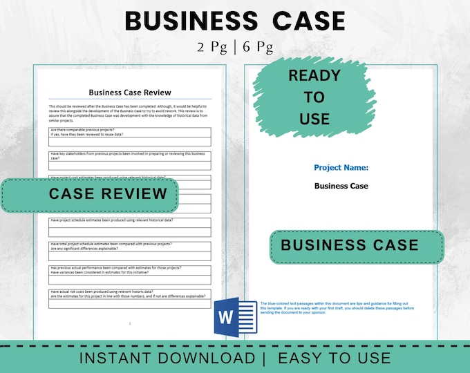 Business Case Templates, Editable MS Word, Project Initiation (Digital Download)