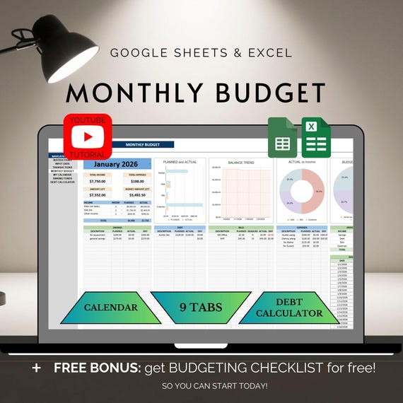 Monthly Budget Spreadsheet Template Google Sheets Excel Finance Expense Tracking Personal Money Planner Household Spending Tool Debt Payoff
