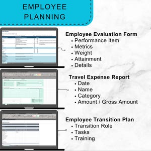 May include: Three laptops displaying spreadsheets related to employee planning. The top laptop shows an Employee Evaluation Form with metrics. The middle laptop displays a Travel Expense Report. The bottom laptop shows an Employee Transition Plan. The image has a blue banner that says "EMPLOYEE PLANNING".