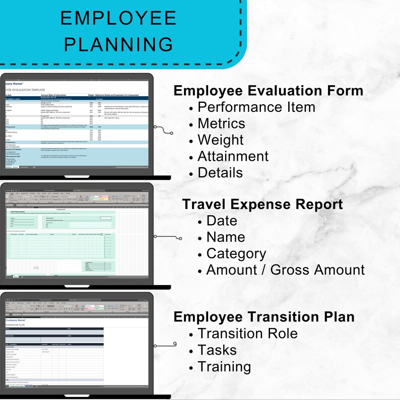 May include: Three laptops displaying spreadsheets related to employee planning. The top laptop shows an Employee Evaluation Form with metrics. The middle laptop displays a Travel Expense Report. The bottom laptop shows an Employee Transition Plan. The image has a blue banner that says "EMPLOYEE PLANNING".