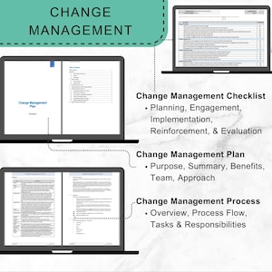 May include: Image of three laptops displaying change management documents. The top laptop shows a checklist, the middle one a plan, and the bottom one a process overview. Text includes "Change Management" and related topics.