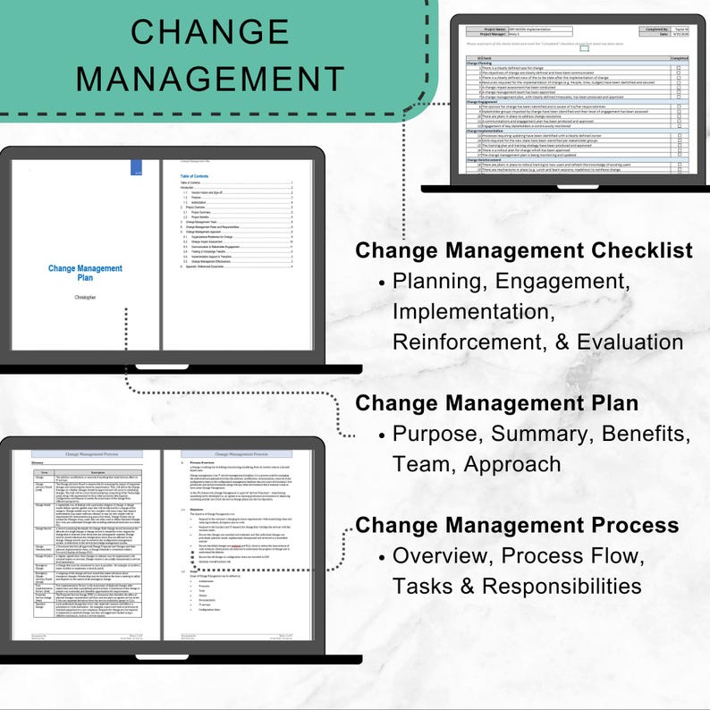 May include: Image of three laptops displaying change management documents. The top laptop shows a checklist, the middle one a plan, and the bottom one a process overview. Text includes "Change Management" and related topics.