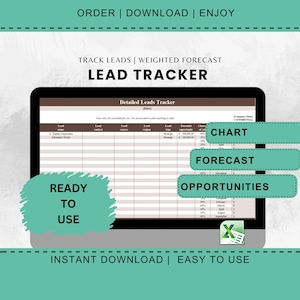 May include: A computer screen displaying a spreadsheet with the title "Detailed Leads Tracker". The spreadsheet is divided into columns with headings such as "Lead Source", "Lead Region", "Lead Type", "Potential Opportunity", and "Chance of Closing". The spreadsheet also includes a chart, forecast, and opportunities sections. The text "READY TO USE" is displayed in a green circle on the left side of the screen. The text "INSTANT DOWNLOAD | EASY TO USE" is displayed at the bottom of the screen.