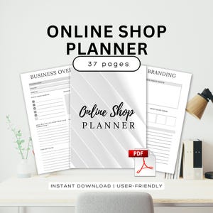 Könnte beinhalten: Ein weißer Online-Shop-Planer mit 37 Seiten, der Abschnitte für den Geschäftsüberblick und das Branding enthält. Der Planer enthält den Text "Online Shop Planner" und "Instant Download | User-Friendly."
