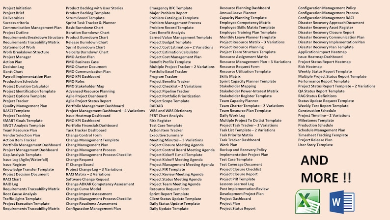 Op de afbeelding: Een lijst met projectmanagement sjablonen, waaronder dashboards, trackers en planningstools. De afbeelding bevat ook de tekst "AND MORE !!" met Excel- en Word-pictogrammen.
