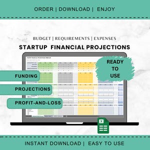 May include: A laptop screen displaying a spreadsheet template for startup financial projections. The spreadsheet is color-coded and includes sections for funding, projections, and profit and loss. The text "READY TO USE" is displayed in a green box on the screen. The laptop is on a white marble background.