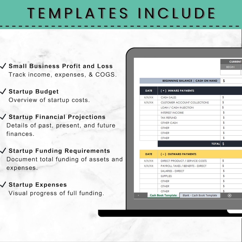 May include: A laptop screen displaying a spreadsheet template for tracking business finances. The template includes sections for small business profit and loss, startup budget, startup financial projections, startup funding requirements, and startup expenses. The spreadsheet has columns for date, inward payments, outward payments, and totals.