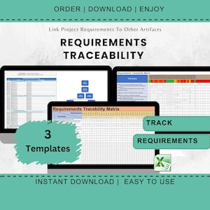 May include: Image showing three computer screens with project management templates. Text includes "REQUIREMENTS TRACEABILITY" and "3 Templates." Additional text reads "ORDER | DOWNLOAD | ENJOY" and "INSTANT DOWNLOAD | EASY TO USE."