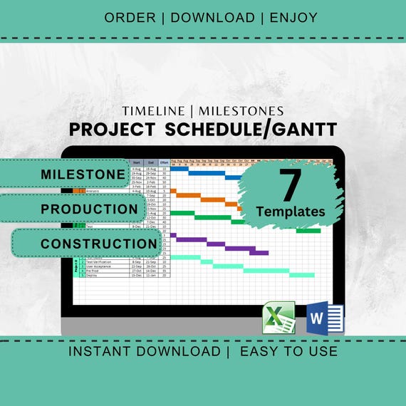 Gantt Chart Template Project Management Activity Tracker Excel Spreadsheet Construction Schedule Planner Organizer Task Tracker Milestone