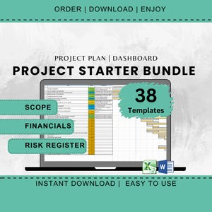 以下が含まれることがあります： プロジェクトプランのテンプレートが表示されたラップトップの画面。画面には「Project Starter Bundle」と「38 Templates」のテキストが表示されています。テンプレートには、スコープ、財務、リスクレジスターのセクションが含まれています。画像には、「ORDER | DOWNLOAD | ENJOY」と「INSTANT DOWNLOAD | EASY TO USE」のテキストも含まれています。