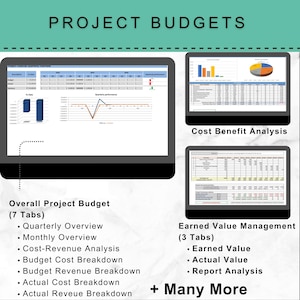 May include: Image of a presentation on project budgets, with the title "PROJECT BUDGETS" at the top. The image shows three computer screens displaying budget analysis, including "Overall Project Budget" and "Earned Value Management" with detailed tabs and charts.