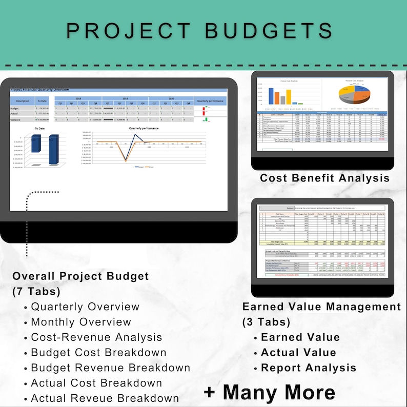 May include: Image of a presentation on project budgets, with the title "PROJECT BUDGETS" at the top. The image shows three computer screens displaying budget analysis, including "Overall Project Budget" and "Earned Value Management" with detailed tabs and charts.
