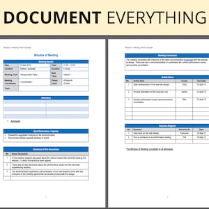 Op de afbeelding: Een document getiteld "Voorbeeld van notulen van de vergadering" met gedetailleerde vergaderinformatie, inclusief datum, locatie en aanwezigen. Het document bevat ook actiepunten, eigenaren en vervaldatums, met de tekst "DOCUMENT EVERYTHING" bovenaan.