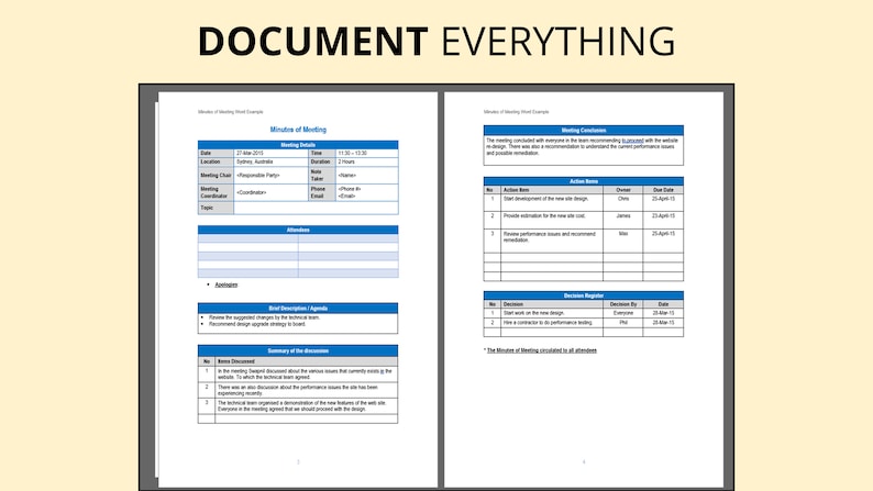 Op de afbeelding: Een document getiteld "Voorbeeld van notulen van de vergadering" met gedetailleerde vergaderinformatie, inclusief datum, locatie en aanwezigen. Het document bevat ook actiepunten, eigenaren en vervaldatums, met de tekst "DOCUMENT EVERYTHING" bovenaan.