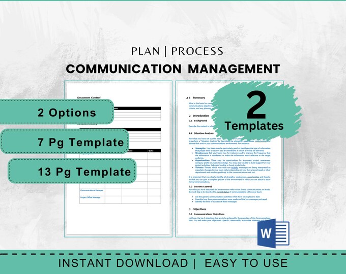 Communication Management Templates, Communication Plan Template, MS Word Template, Instant Download, Project Communication