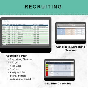 May include: Image of a recruiting plan template, candidate screening tracker, and new hire checklist displayed on computer screens. The image includes the text "Recruiting" at the top and lists key elements such as "Recruiting Source", "Budget", and "Hire Goal".