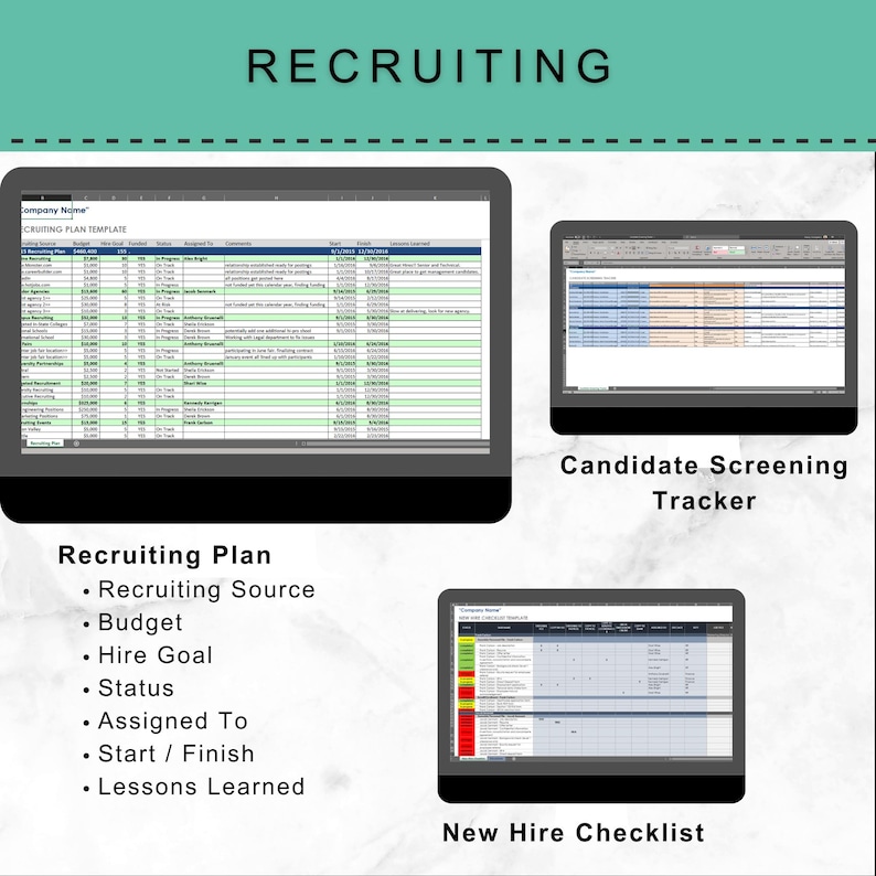 May include: Image of a recruiting plan template, candidate screening tracker, and new hire checklist displayed on computer screens. The image includes the text "Recruiting" at the top and lists key elements such as "Recruiting Source", "Budget", and "Hire Goal".