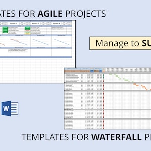 Op de afbeelding: Afbeelding van projectmanagement sjablonen voor Agile- en Watervalprojecten. De afbeelding bevat spreadsheets, grafieken en de tekst "TEMPLATES FOR AGILE PROJECTS", "Manage to SUCCEED" en "TEMPLATES FOR WATERFALL PROJECTS". Pictogrammen voor Excel en Word zijn ook aanwezig.