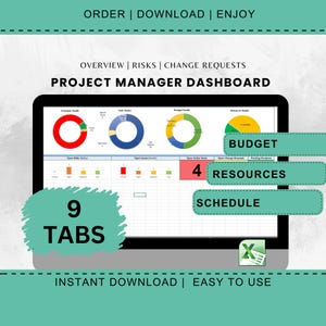Könnte beinhalten: Digitales Projektmanager-Dashboard auf einem Computerbildschirm. Es zeigt Kreisdiagramme und Datenvisualisierungen mit Beschriftungen für Budget, Ressourcen und Zeitplan. Der Text enthält "9 Tabs" und "Instant Download | Easy to Use".