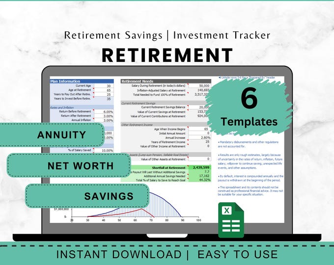 Complete Retirement Planner Bundle, Excel Spreadsheet, Instant Download, Retirement Tracker, Investment Tracker, Pension Budget, Net Worth