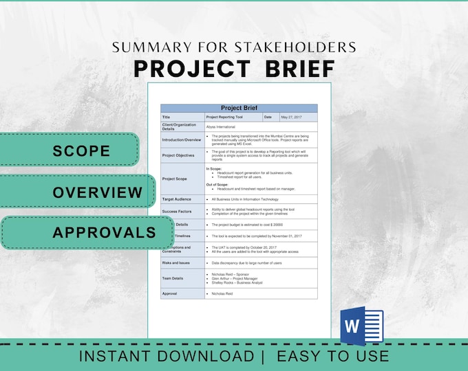 Project Brief Word Template, Project Reporting Tool (Digital Download)
