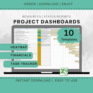 May include: A laptop screen displaying a project dashboard template with the text "PROJECT DASHBOARDS." The screen shows a spreadsheet with data, and the image includes the text "HEATMAP," "FINANCIALS," and "TASK TRACKER." The image also includes the text "10 Templates."