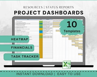 May include: A laptop screen showing a project dashboard template with the words "PROJECT DASHBOARDS." The screen displays a spreadsheet, and the image includes the text "HEATMAP," "FINANCIALS," and "TASK TRACKER." The image also includes the text "10 Templates."