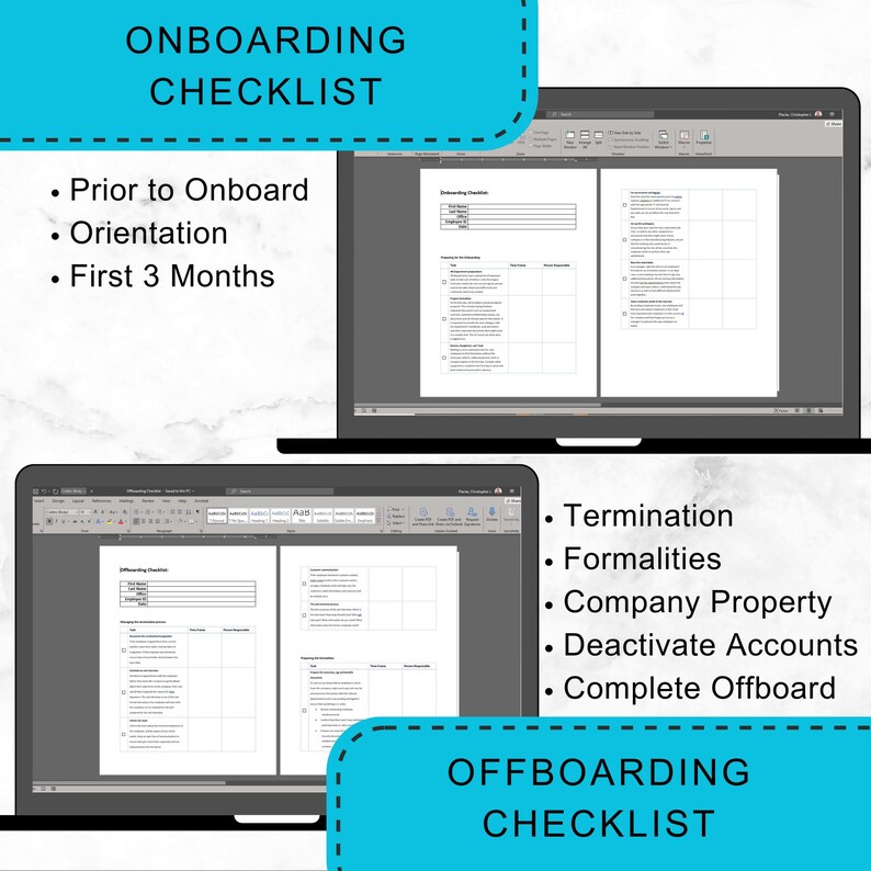 May include: Two laptops displaying onboarding and offboarding checklists. The top laptop shows "ONBOARDING CHECKLIST" with bullet points: Prior to Onboard, Orientation, and First 3 Months. The bottom laptop shows "OFFBOARDING CHECKLIST" with bullet points: Termination, Formalities, Company Property.
