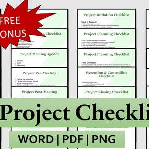 Op de afbeelding: Een verzameling van 19 projectchecklists in Word-, PDF- en PNG-formaten. De checklists behandelen onderwerpen als projectinitiatie, planning en risicomanagement. Een rode ster met de tekst "GRATIS BONUS".