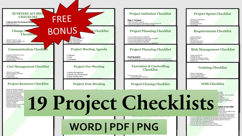 Op de afbeelding: Een verzameling van 19 projectchecklists in Word-, PDF- en PNG-formaten. De checklists behandelen onderwerpen als projectinitiatie, planning en risicomanagement. Een rode ster met de tekst "GRATIS BONUS".