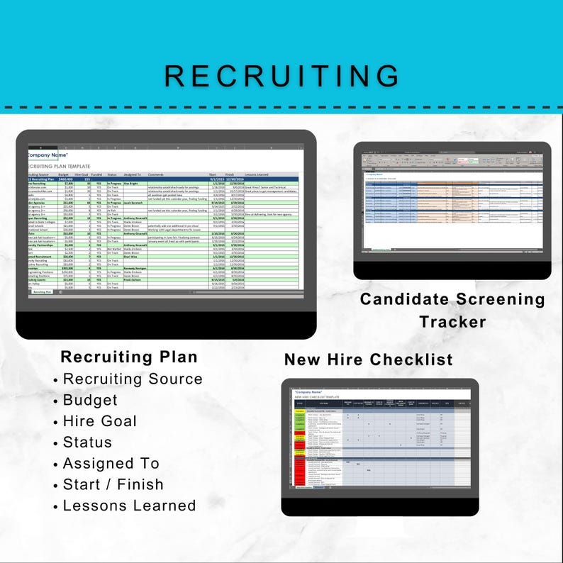 May include: Image featuring three computer screens displaying spreadsheets related to recruiting. The top screen shows "Recruiting" in large text. Below are screens labeled "Recruiting Plan," "Candidate Screening Tracker," and "New Hire Checklist."
