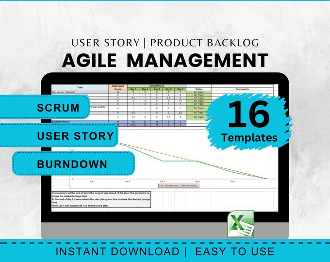 Agile Project Management Templates, Scrum, Burndown Chart (Excel .xlsx, Digital Download)