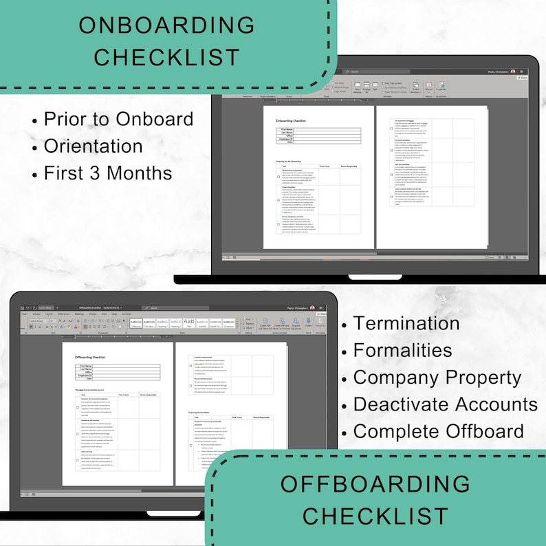 May include: Two laptops displaying checklists for onboarding and offboarding processes. The top laptop shows "Onboarding Checklist" with sections for "Prior to Onboard", "Orientation", and "First 3 Months". The bottom laptop displays "Offboarding Checklist".