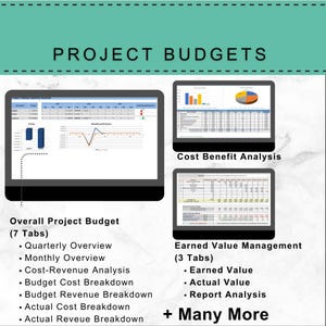 May include: Image of a digital presentation titled "PROJECT BUDGETS." The presentation displays various financial analysis charts and tables on computer screens. Key topics include Overall Project Budget, Cost Benefit Analysis, and Earned Value Management, with additional options.