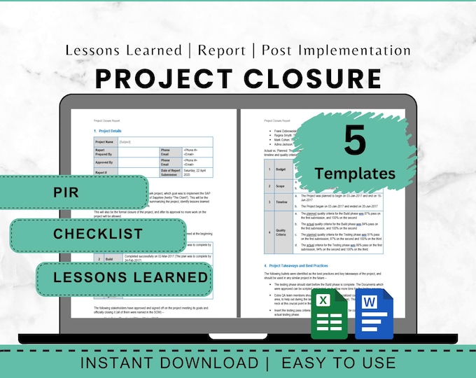 Project Closure Template Bundle for Post Implementation Review Closing Checklist Template Lessons Learned Template Closing Report Template
