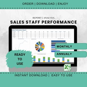 May include: A computer screen displays a sales staff performance report with charts and graphs. The text includes "Sales Staff Performance," "Ready to Use," "Monthly," and "Annually." The background is a light gray.