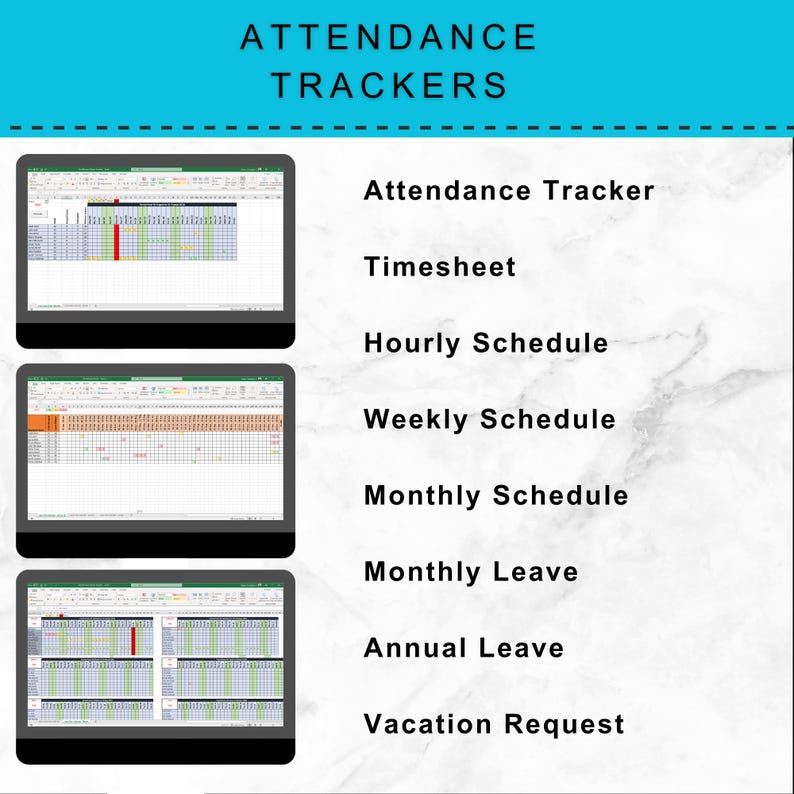 May include: The image displays three computer screens showcasing attendance trackers. The text "ATTENDANCE TRACKERS" is at the top. The screens display various schedules, including attendance, timesheet, hourly, weekly, monthly, leave, and vacation request options.